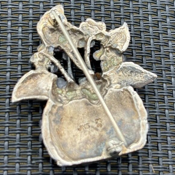 Sterling Silver Basket of Flowers Pin, James.H. Breakell, Newport, R.I., Signed - Picture 4 of 11